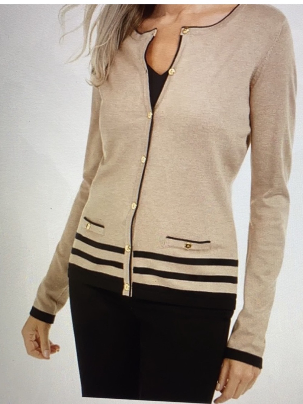 Karen Scott -Tan Crewneck Cardigan with Black Trim and Gold Buttons size Large